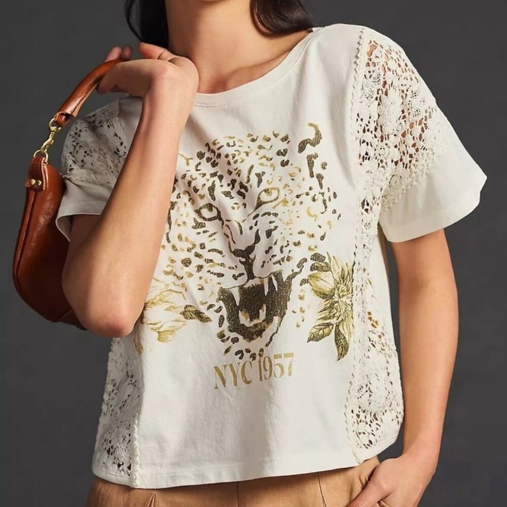 Pilcro Leopard Print Graphic Tee Crochet Crew Neck Short Sleeves Cotton Large - Picture 6 of 6